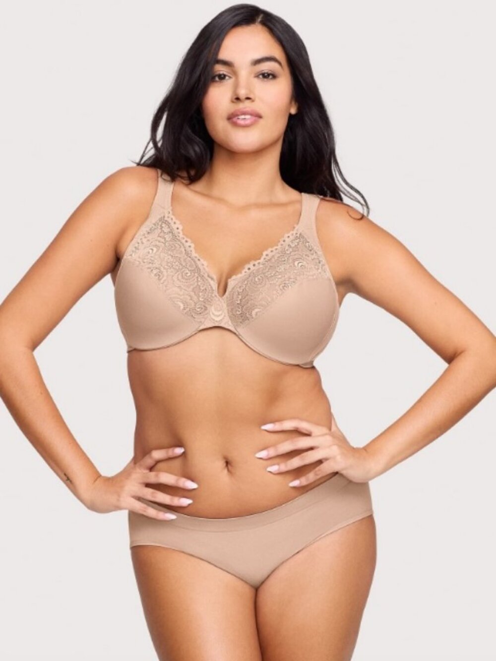 NWOT Glamorise 1240 WonderWire Low Cut Lace Bra 46C Cafe Nude Underwire